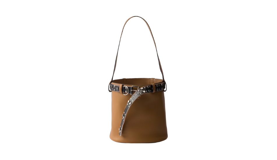 Prada Buckle leather bucket bag with studded belt