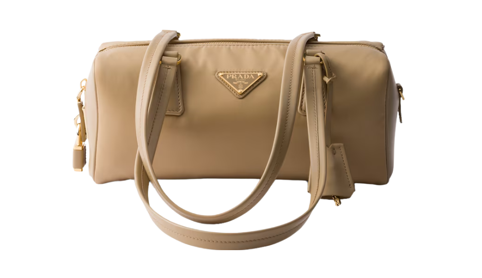 Re-Nylon and leather medium top-handle bag with padlock