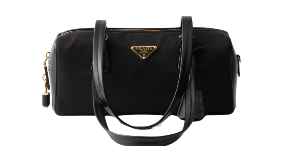 Re-Nylon and leather medium top-handle bag with padlock