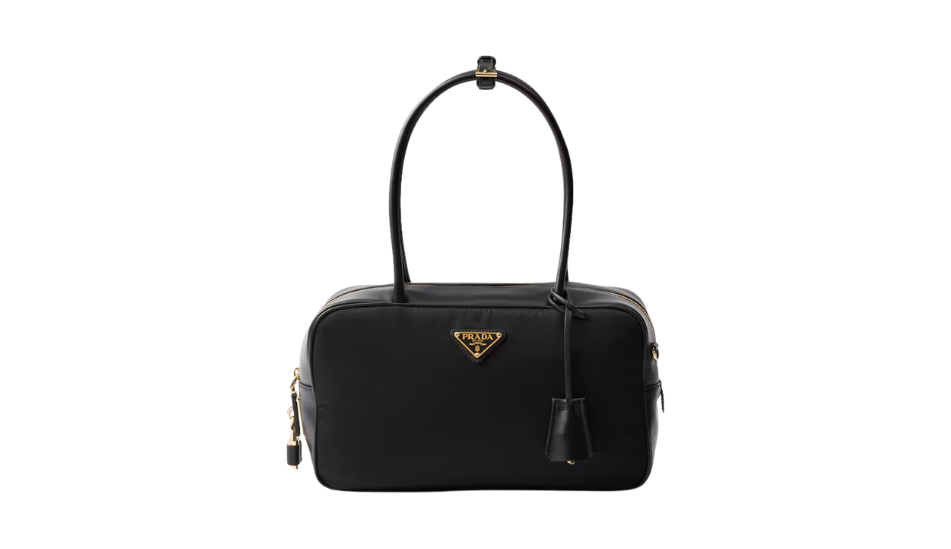 Re-Nylon and leather medium top-handle bag with padlock