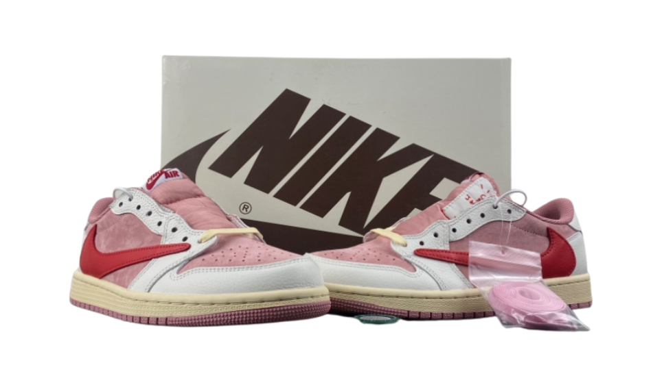 Travis Scott x Air Jordan 1 Low OG, white, pink, and low-top with reverse hook