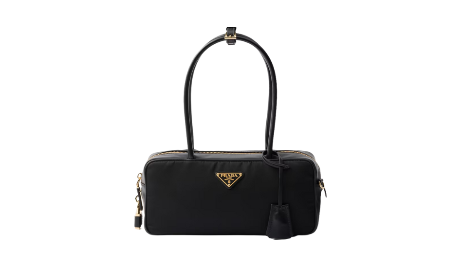 Re-Nylon and leather small top-handle bag with padlock