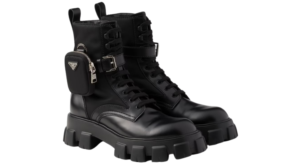 Monolith brushed leather and Re-Nylon boots with pouch