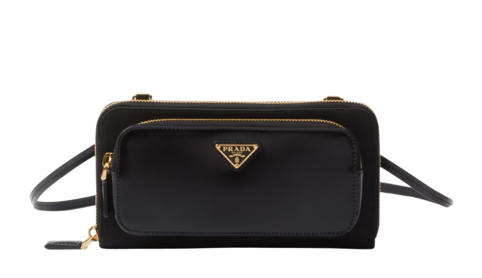 Re-Nylon and brushed leather wallet with shoulder strap