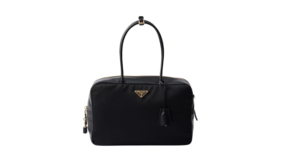 Large Re-Nylon and leather top-handle bag with padlock