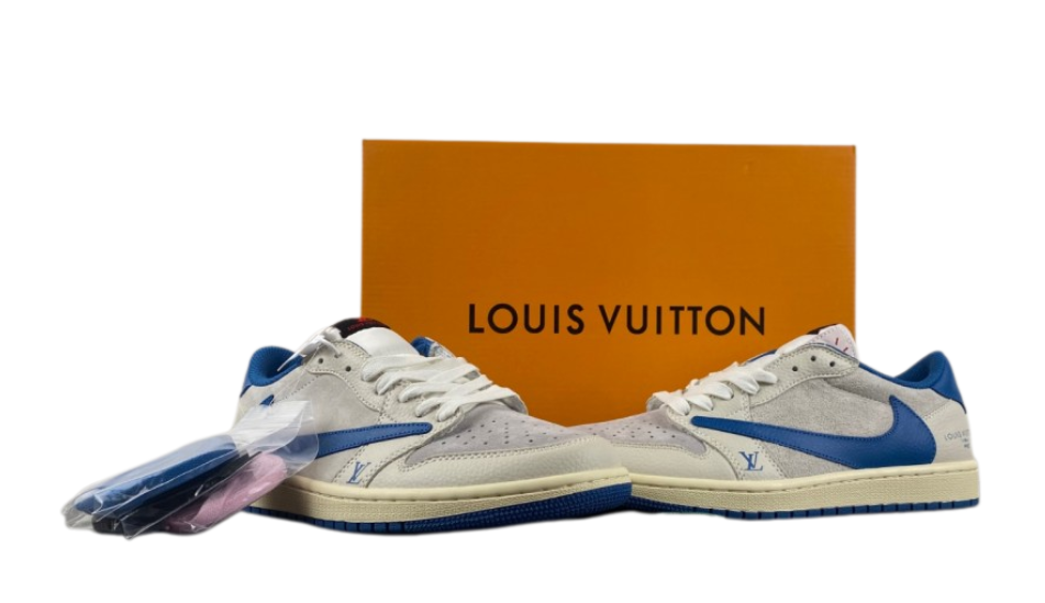 LV x Travis Scott x Air Jordan 1 white gray royal blue