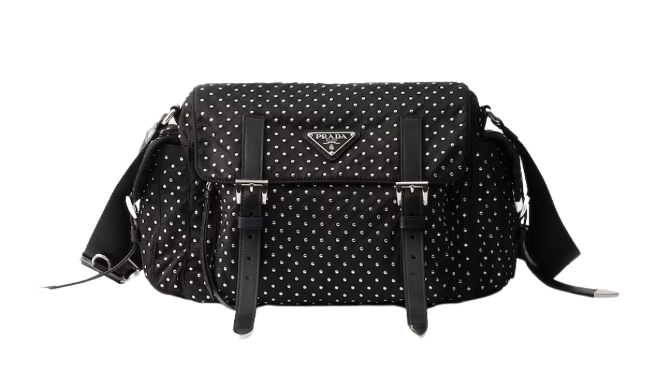 Re-Nylon shoulder bag with studs