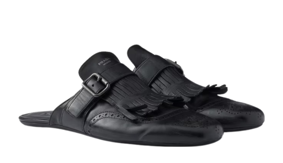 Shuffle fringed monk strap leather mules